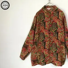 スタンドカラーシャツ　総柄　レトロ　ヴィンテージ　エスニック柄　赤　レッド　長袖