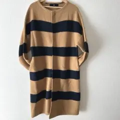 45R ウールアルパカ 縮絨ロングコート ノーカラーボーダーサイズ2