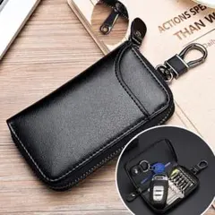 ◆キーケース 6連ホルダー スマートキー カード収納 ファスナー式 ブラック