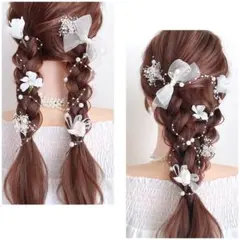 No.30 白い小花 かすみ草 チュールリボン パール 髪飾り 7点セット