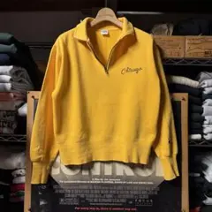 champion ビンテージレプリカスウェット ハーフジップ 橙 短丈 ワイド