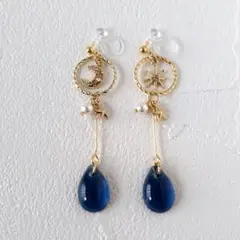 星月フープとブルードロップのノンホールピアス
