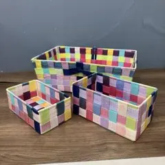 B-壁 カラフル 編み込みバスケット 3個セット 大 中 小 収納かご 小物入れ