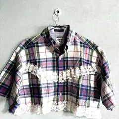 TOMMY チェック柄 レース付き クロップドシャツ　リメイク美品