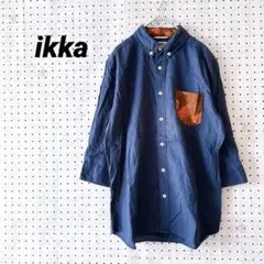 ikka イッカ 麻混 ボタンダウン シャツ ネイビー リーフ柄 長袖 （M）のサムネイル
