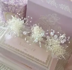 卒業式髪飾り結婚式成人式髪飾り和装髪飾りかすみ草とパールリボンの髪飾り3点セット