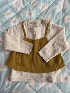 GUリブ編み長袖カットソー 90cm ホワイト/マスタード女の子