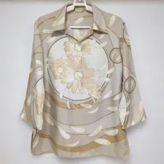HERMES マルジェラ期 シルク100% シャツ スカーフ柄 リーフ総柄 ロゴ