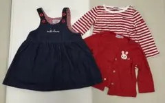 ミキハウス 赤カーディガンとネイビーのワンピースボーダートップス3点セットのサムネイル