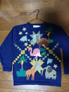 動物柄ニットセーター（ネイビー）ウール100%