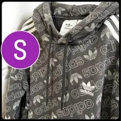 adidas フード付き パーカー ブラック S ロゴ 刺繍 冬 春 トレーナー