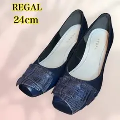 美品　REGAL パンプス　スクエアトゥ リボン　レザー/デニム　ネイビー　24のサムネイル