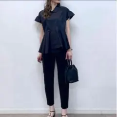 バンヤードストーム パールボタンペプラムブラウス 半袖　黒