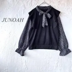 JUNOAH リボン付きニットブラウスドッキング 黒 クローバー柄 1145