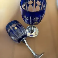 青色 花模様 被せ切り子ペアワイングラス 2個セット　浅川製作所製
