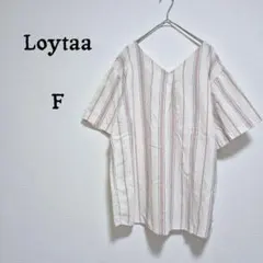 サマンサモスモス ロユタ ストライプ Vネック 半袖シャツ コットンリネン混F