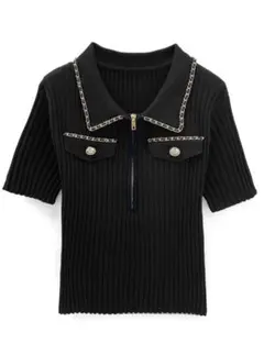 ゴールドチェーンハーフジップニットトップス[mb1586]リブニット 半袖のサムネイル