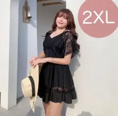 レディース水着 体型カバー ワンピース レース 黒 2XL