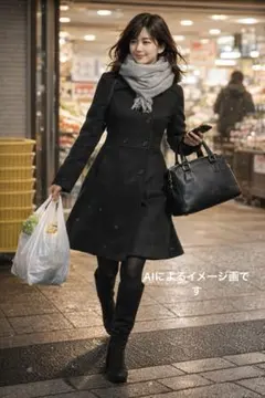 ♥️カシミヤ混ブラック ロングコート 上品シルエット 通勤 フォーマル 冠婚葬祭