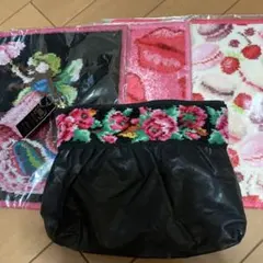 FEILER 刺繍 タオルハンカチ3枚 ブラック刺繍ポーチ 1点　纏め売り