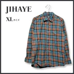JIHAYE 長袖シャツ チェック XL 大きいサイズ カジュアル 緑 オレンジ