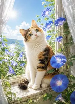 【一作限り】朝顔窓辺の三毛猫 三毛猫 デジタルアート 夏の風景画 K498のサムネイル