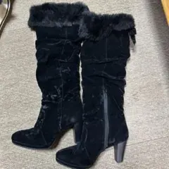 ファー付きブラックスエードロングブーツ　Lサイズ 新品同様美品