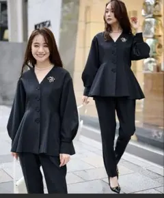 【2点セット】洗える/防シワ　Ｖネックペプラムセットアップ　RANAN