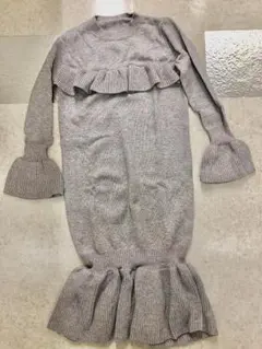 フリル ニット ワンピース ベルスリーブ フレア グレー