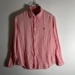 【リネン】ポロラルフローレン 長袖シャツ ピンク S リラックスフィット ポニー