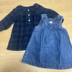 デニムワンピースとチェックシャツセット