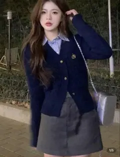 SHEIN シーン　刺繍ロゴニットカーディガン　ネイビー　JP-M（M）