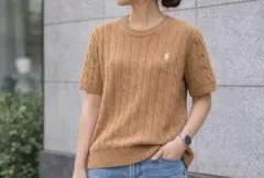 ポロラルフローレン　半袖ケーブルニット　ホワイトポニー刺繍　ピマコットン