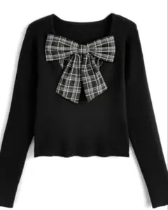 GRL チェック柄リボンドッキングリブニットトップス 【gn548】