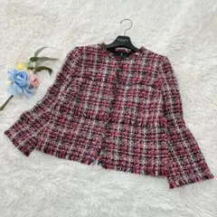 ランバンコレクション　ノーカラー　ツイードジャケット　リネンシルク混