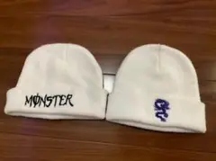 ホワイト ニット帽2個　MONSTERロゴ　ドラゴンロゴ