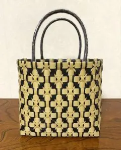 【SM】プラカゴ　フラワーストライプ(ベージュ✕黒）PPバンド バッグ 161