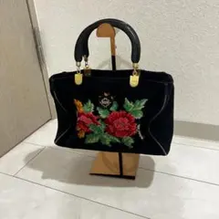 FEILER フェイラー ハンドバッグ 黒 花柄 シュニール ゴールド金具