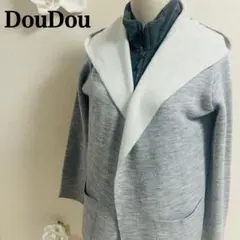 DouDou フード付きグレー長袖ニットカーディガン　羽織りボタン無し