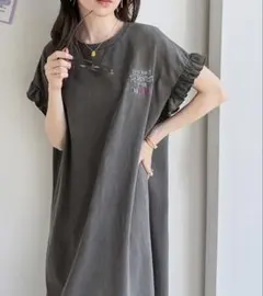 クラシカルエルフ　ロゴ刺繍 フリル袖 カットソーワンピース チャコールグレー