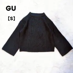 GU ケーブル編みニット クルーネック カジュアル シンプル 黒【Ｓ】