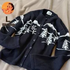 ⭐️SALE⭐【USA古着】カーディガン　刺繍 ブラック　冬柄　モノクロ