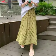 ドット柄 ロング スカート 春夏服 ボトムス　グリーン