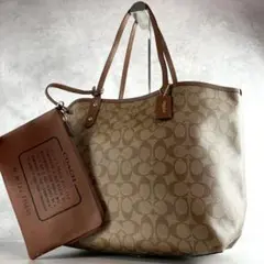 美品✨A4可 コーチ リバーシブル トートバッグ レザー×PVC 肩掛け 茶系