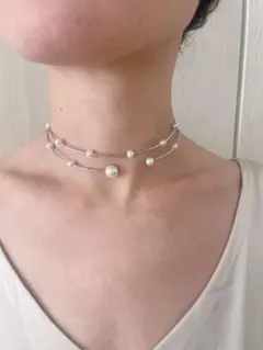 パール 真珠シルバー チョーカー 二重巻き