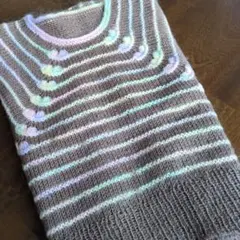 ハンドメイド　ニットベスト ブラウン パステルストライプ