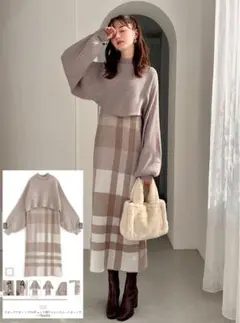 クロップド丈トップスXチェック柄ワンピースニットセットアップ[kz200]