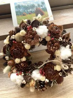 ハンドメイド　ナチュラルリース　木の実　ドライフラワー　クリスマスリース