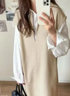 深Vネック ニット ロング マキシ 厚手 ジャンパースカート　ベージュ