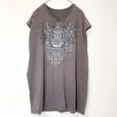 デザインTシャツ チャコールグレー スカル 翼 古着半袖 XL